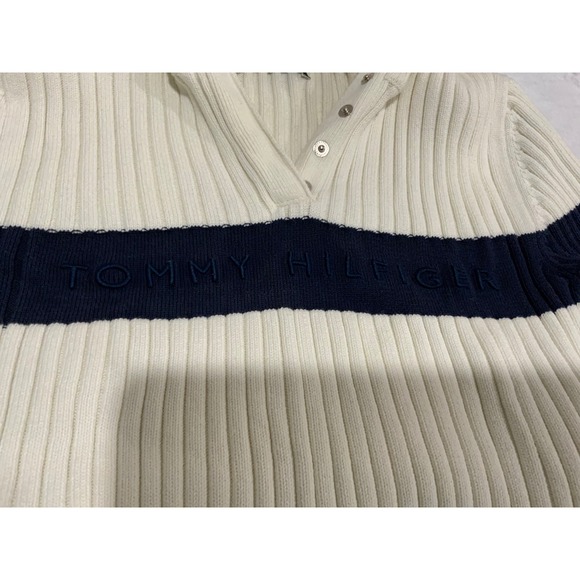 Tommy Hilfiger Womens Ribbed Long Sleeve Sweater Cream Navy Blue Size S - Picture 4 of 17